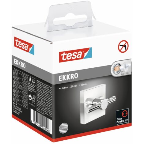 tesa EKKRO Crochet porte-serviettes, acier inoxydable chromé - Crochet de salle de bain pour montage mural sans perçage, avec solution adhésive - 63 mm x 50 mm x 50 mm