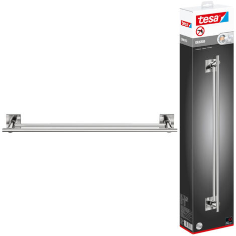 TESA EKKRO PORTE SERVIETTE DOUBLE, ACIER INOXYDABLE LOOK, ADHÉSIF, TECHNOLOGIE SANS PERCER, 112 MM X 640 MM X 50 MM