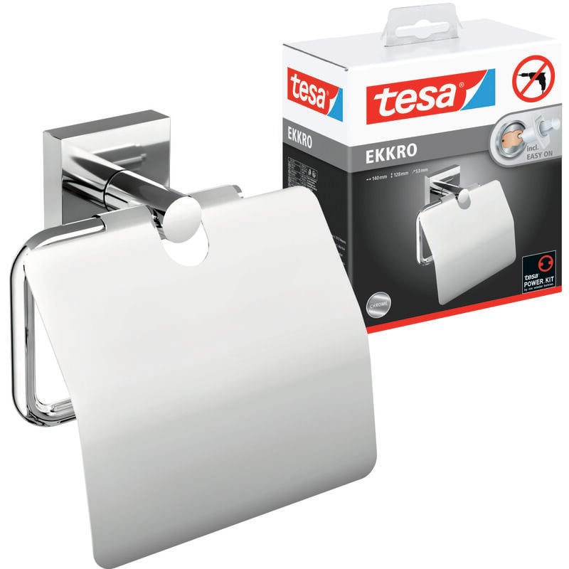Ekkro Porte-rouleau wc avec couvercle, chromé, fixation adhésive sans perçage - Tesa