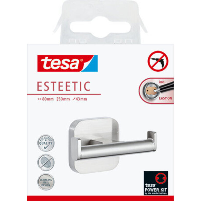 Tesa - esteetic crochet double porte-serviettes, chromé - crochet de salle de bain avec solution de suspension double, pour montage mural sans