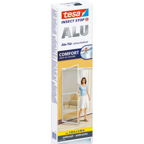 tesa Insect Stop ALU COMFORT Fliegengitter für Türen XL - Insektengitter mit Aluminium-Rahmen & Clear View - Tür Insektenschutz - Anthrazit, 120 cm x 240 cm