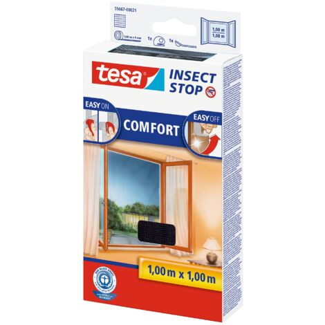 tesa Insect Stop Hook & Loop Comfort Zanzariera per Finestre, Con nastro adesivo a strappo, Rimovibile senza lasciar tracce, Lavabile e riutilizzabile, Antracite, 100 cm x 100 cm