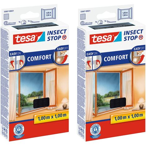 Tesa Insect Stop Hook & Loop Comfort Zanzariera per Finestre - Set di 2 - Con nastro adesivo a strappo - Rimovibile senza lasciar tracce - Lavabile e riutilizzabile - Antracite - 100 cm x 100 cm
