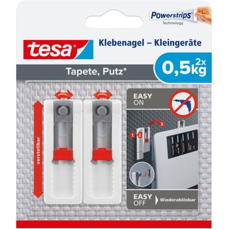 tesa Klebenägel Tapeten & Putz - höhen- und seitenverstellbar - selbstklebend - ideal für WLAN Router - Halteleistung 0,5kg/Nagel - spurlos ablösbar