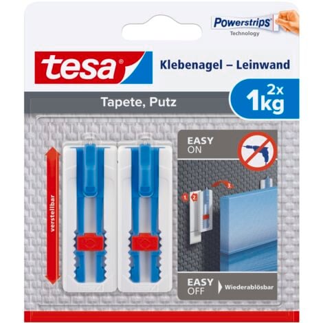 tesa® Klebenagel Tapeten & Putz - höhenverstellbar - selbstklebender Nagel - ideal für Leinwand & Keilrahmen - hält bis 1kg/Nagel - spurlos ablösbar