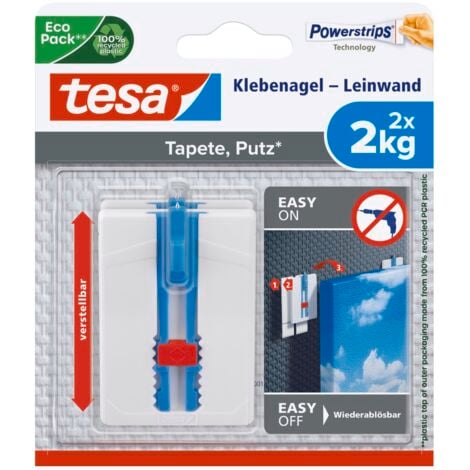 tesa® Klebenagel Tapeten & Putz - höhenverstellbar - selbstklebender Nagel - ideal für Leinwand & Keilrahmen - Halteleistung 2kg/Nagel - spurlos ablösbar