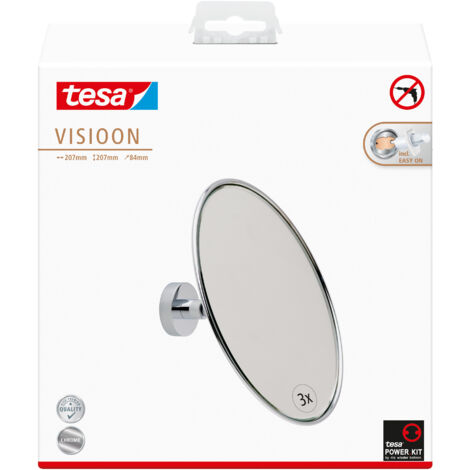 tesa Kosmetikspiegel Visioon mit 3-facher Vergrößerung - runder Schminkspiegel für die Wandmontage - Befestigung ohne Bohren auf Fliesen, Metall und weiteren Untergründen - Durchmesser 14 cm, Silber