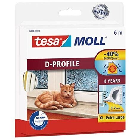 Tesa Moll D-Profile Seal - Gomma Sigillante per L'Isolamento degli Spazi tra Porte e Finestre - Bianco - 6 m x 9 mm x 7,5 mm