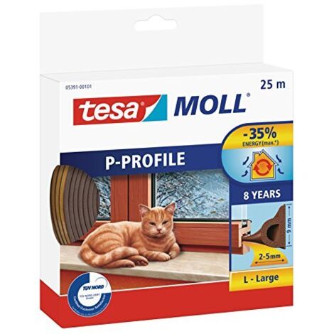 Tesa Moll P-Profile Seal - Gomma Sigillante per L'Isolamento degli Spazi tra Porte e Finestre - Marrone - 25 m x 9 mm x 5,5 mm