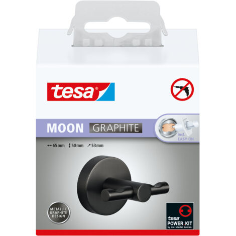 tesa® MOON Bademantelhaken in gebürstetem Grafit - selbstklebender Wandhaken aus PVD-beschichtetem Metall - ohne Bohren, inkl. Klebelösung - 50 mm x 65 mm x 53 mm