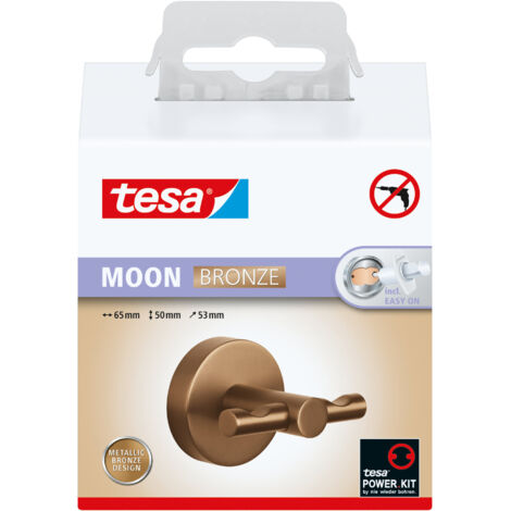 tesa® MOON Bademantelhaken in gebürsteter Bronze - selbstklebender Wandhaken aus PVD-beschichtetem Metall - ohne Bohren, inkl. Klebelösung - 50 mm x 65 mm x 53 mm