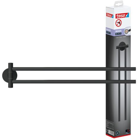 tesa® MOON BLACK Handtuchhalter 2-armig, matt schwarz, für Bad & WC - für Bäder im Industrial Style und moderne Badezimmer - bohrfrei, inkl. Klebelösung - 84 mm x 50 mm x 456 mm