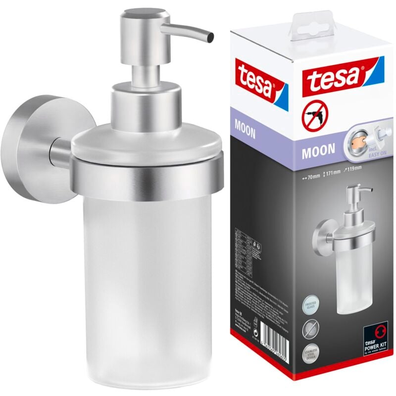 Moon ensemble distributeur de savon, verre satiné et acier inoxydable chromé - distributeur de savon liquide pour montage mural sans perçage,