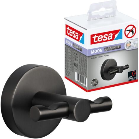 tesa MOON Gancio per accappatoio in grafite spazzolata - Gancio autoadesivo in metallo rivestito in PVD - non richiede foratura, soluzione adesiva inclusa - 50 mm x 65 mm x 53 mm