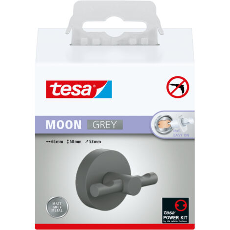 tesa® MOON GREY Bademantelhaken, matt grau - für Bäder im Industrial Style und moderne Badezimmer - bohrfrei, inkl. Klebelösung - 50 mm x 65 mm x 53 mm