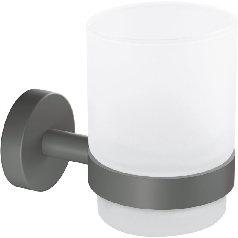 Moon grey Gobelet Porte Brosse à dents en verre satiné avec support, Gris mat - Salles de Bains Modernes et de Style Industriel - Sans Perçage - 96