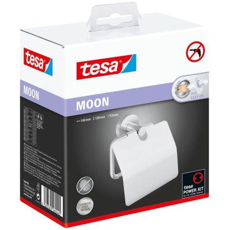 tesa MOON Portarotolo WC con Coperchio - Porta Carta Igienica Adesivo in Metallo Cromato Lucido senza Perforazione, per Bagni - Colla Rimovibile inclusa, 53 mm x 140 mm x 128 mm