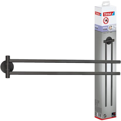 tesa MOON Portasciugamani a 2 bracci in grafite spazzolata - Portasciugamani a barra autoadesivo in metallo rivestito in PVD - non richiede foratura, soluzione adesiva incl. - 84 mm x 50 mm x 456 mm