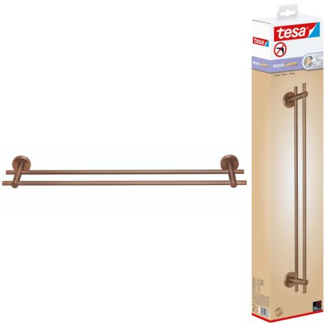 tesa MOON Portasciugamani doppio in bronzo spazzolato - Portasciugamani adesivo a 2 barre - in metallo rivestito in PVD - non richiede foratura, soluzione adesiva inclusa - 112 mm x 640 mm x 50 mm