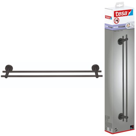 tesa MOON Portasciugamani doppio in grafite spazzolata - Portasciugamani adesivo a 2 barre - in metallo rivestito in PVD - non richiede foratura, soluzione adesiva incl. - 112 mm x 640 mm x 50 mm