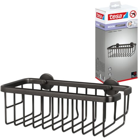 tesa® MOON selbstklebende Duschablage in gebürstetem Grafit - einstöckig und extra tief - Duschregal aus PVD-beschichtetem Metall - ohne Bohren, mit Klebelösung - 92 mm x 250 mm x 125 mm