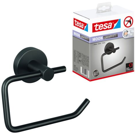 tesa® MOON Toilettenpapierhalter in gebürstetem Grafit - selbstklebender Rollenhalter ohne Deckel, aus PVD-beschichtetem Metall - ohne Bohren, inkl. Klebelösung - 99 mm x 140 mm x 53 mm