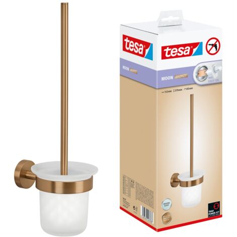 tesa® MOON WC-Garnitur, Set mit Halter & WC-Bürste in gebürsteter Bronze, mit satiniertem Glas - selbstklebend, aus PVD-beschichtetem Metall - ohne Bohren, inkl. Klebelösung - 379 mm x 112 mm x 145 mm