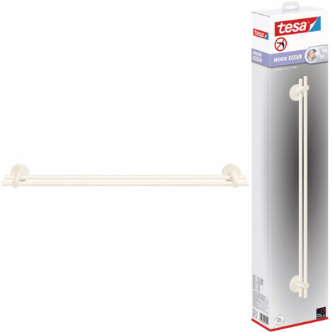 tesa MOON WHITE Doppel-Handtuchstange, matt weiß - Badetuchhalter mit 2 Stangen - zur Wandbefestigung ohne Bohren, inkl. Klebelösung - 112 mm x 640 mm x 50 mm