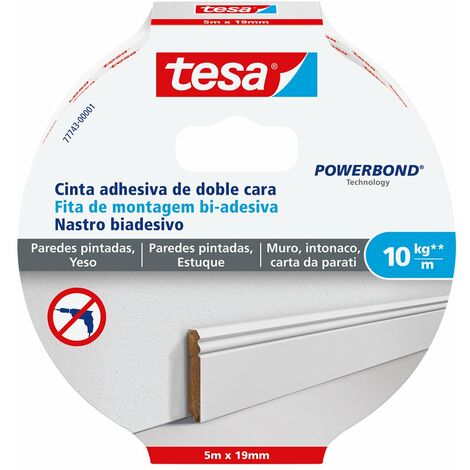 tesa Nastro Biadesivo per Intonaco e Carta da Parati, Per il Fissaggio su Superfici Ruvide e Sensibili, Tenuta fino a 10 kg per 1 m di Nastro, 5 m x 19 mm