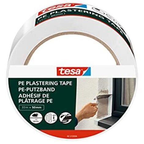 tesa Nastro per Intonaco in PE - Nastro per mascheratura di qualità - Per la protezione durante l'intonacatura all'esterno - Resistente alle temperature - Bianco - 33 m x 50 mm