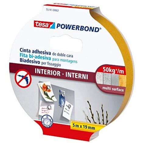 tesa Powerbond INDOOR - Nastro Biadesivo per Interni - Nastro adesivo resistente per il fissaggio di oggetti piatti - Tenuta fino a 5 kg per 10 cm di nastro - 5,0 m x 19 mm
