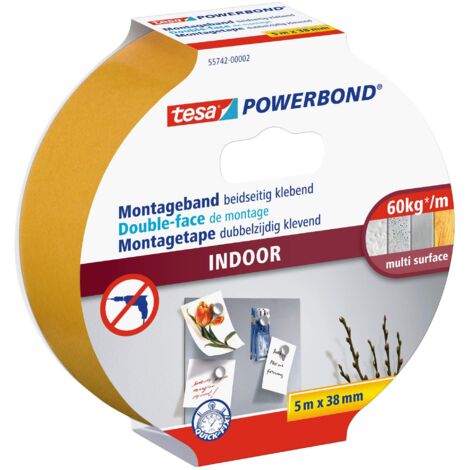 tesa Powerbond INDOOR - Nastro di montaggio biadesivo per interni - adesivo forte su entrambi i lati, per un montaggio permanente - 5 m
