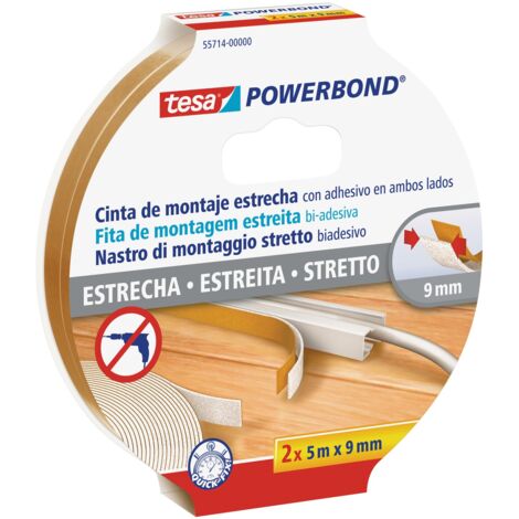 tesa Powerbond® SLIM Nastro Biadesivo per Montaggio, 5m x 9mm, Bianco - 2 Pezzi