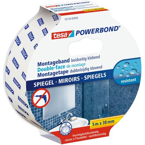 Tesa Powerbond Specchi - Nastro Biadesivo per Specchi - Nastro Adesivo Resistente All'Umidità, Adatto per Docce e Bagni - 5 m x 38 mm