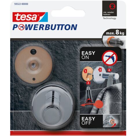 Tesa Powerbutton - Gancio autoadesivo universale, in metallo cromato, portata massima: 8 kg, colore: Argento lucido