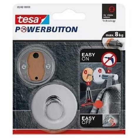 tesa Powerbutton Premium - Gancio autoadesivo rotondo, in metallo cromato, portata massima: 8 kg