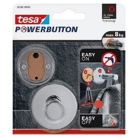 tesa Powerbutton Premium - Gancio autoadesivo rotondo, in metallo cromato, portata massima: 8 kg