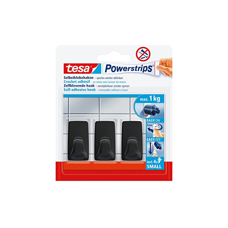 Tesa - powerstrips crochets adhésifs petit format - 3 x crochets muraux autocollants rectangulaires - accessoire salle de bain et