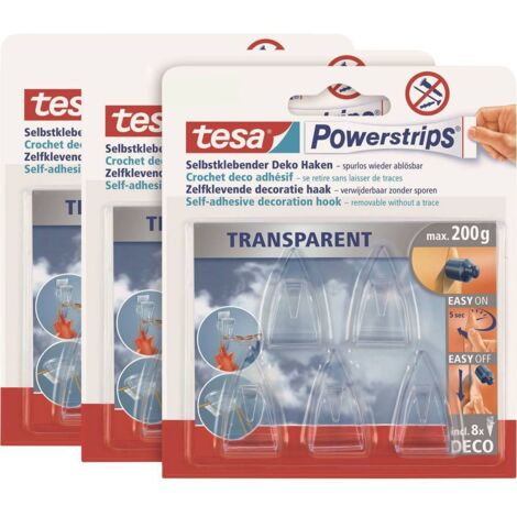 Tesa Powerstrips DECO - Ganci piccoli in confezione da 3 pezzi, per decorazioni su vetro e specchi, fino a 200 g, 3 x 5 ganci, trasparente