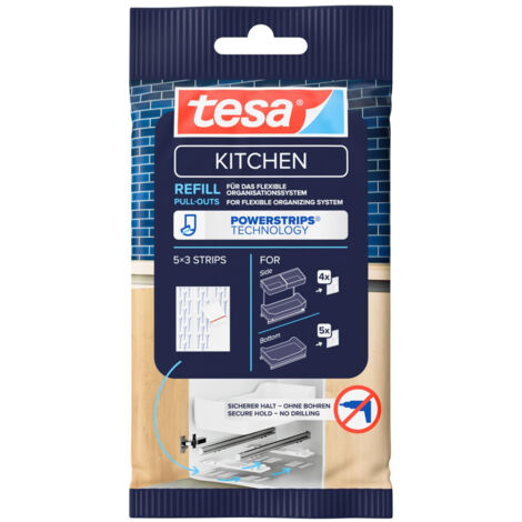 TESA PULL OUT POWERSTRIPS RECHARGE POUR TRINGLES DE TIROIRS ADHÉSIVES - POUR RÉUTILISER LE PULL-OUT TIROIR EXTENSIBLE DE CUISINE