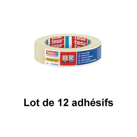 Tesa – Ruban de masquage 25 mm x 50 m – Lot de 12 – Papier crêpé avec adhésif caoutchouc naturel – Pour travaux de masquage précis
