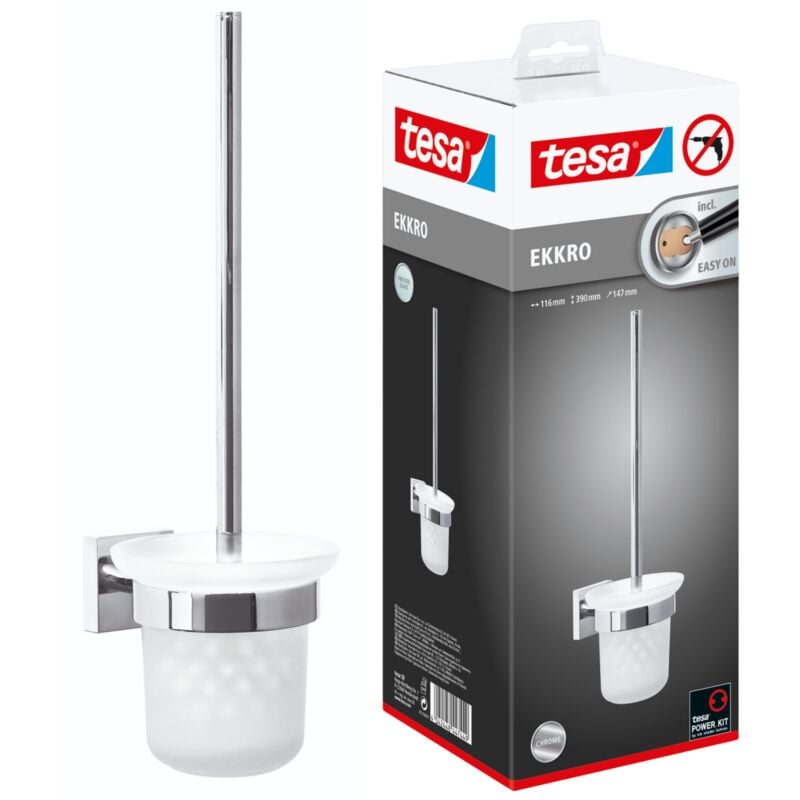 Ekkro Ensemble mural brosse wc, finition brillante métal chromé, adhésif wall mounting technology, 390mm x 116mm x 147mm - Tesa