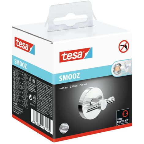 tesa SMOOZ Crochet porte-serviettes, acier inoxydable chromé - Crochet de salle de bain pour montage mural sans perçage, avec solution adhésive - 63 mm x 50 mm x 50 mm