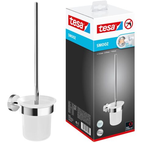 tesa SMOOZ ensemble WC, verre satiné et acier inoxydable chromé - ensemble brosse WC pour montage mural sans perçage, solution adhésive incluse - 137 mm x 97 mm x 410 mm