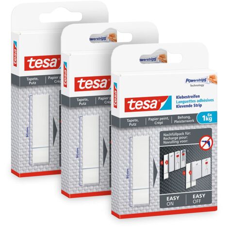 tesa Strisce adesive per carta da parati e intonaco, in confezione da 3 pezzi – Strisce adesive per unghie tesa per carta da parati e intonaco – 1 kg di potenza per striscia – 3 x 6 strisce