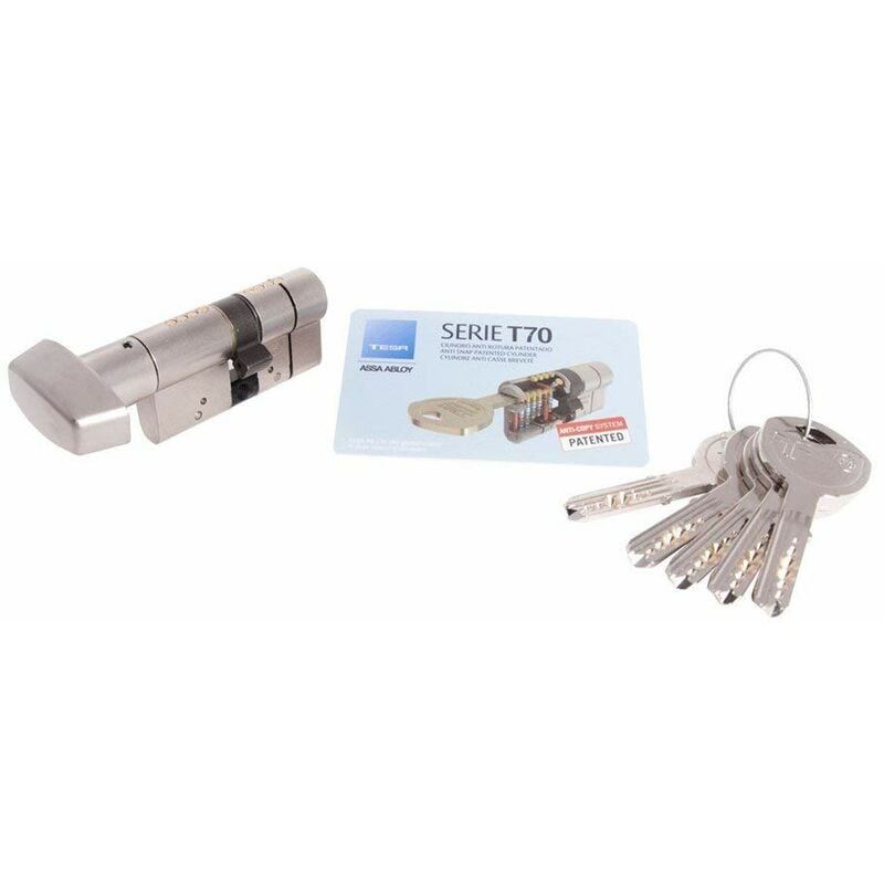 Image of Tesa Assa Abloy - Cilindro ad alta sicurezza T70, pulsante - Leva lunga, nichelato, 35 x 35 mm