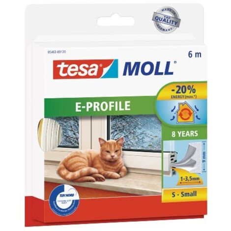 tesa tesamoll E-Profile Seal, Gomma Sigillante per l'Isolamento degli Spazi tra Porte e Finestre, Bianco, 6 m x 9 mm x 4 mm