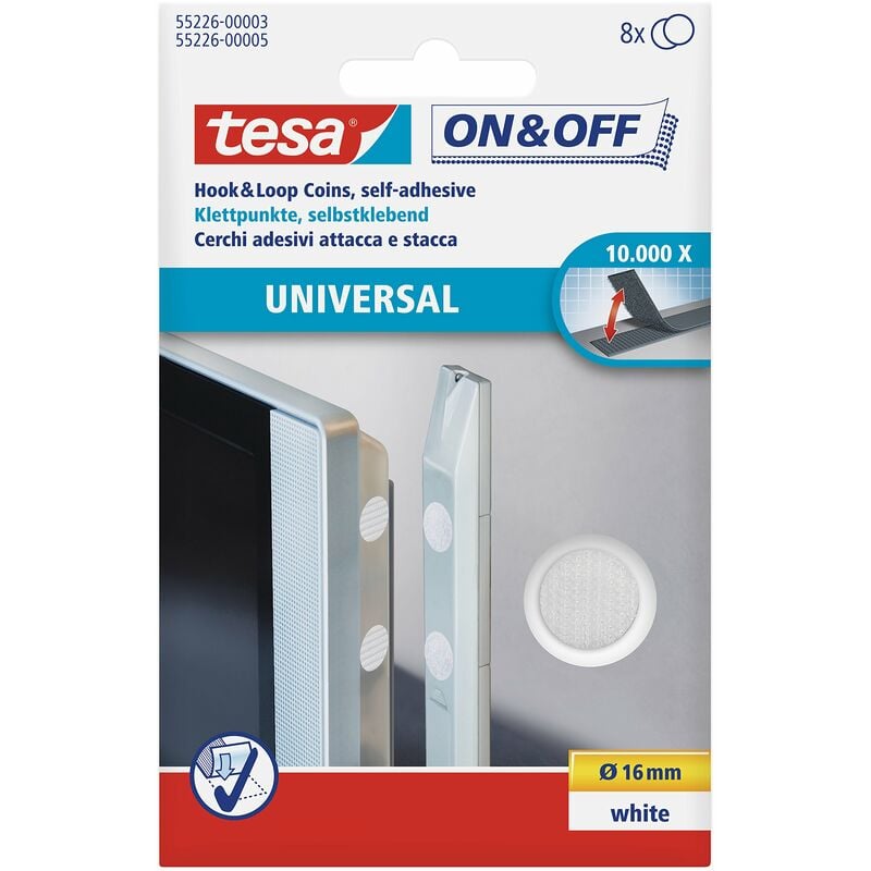 Tesa - Punti a strappo da incollare Lato morbido e lato rigido (ø) 16 mm Bianco On & Off 55226-03-00 8 Paia