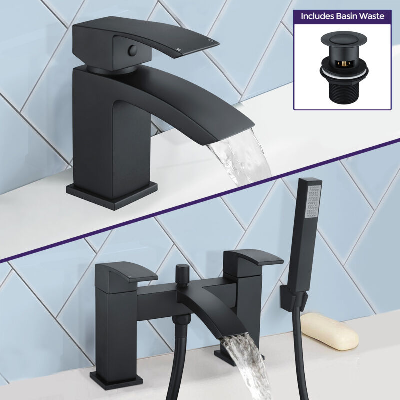 Neshome - Seirra Shower Handset Mixer, Basin Mixer Tap & Waste Matte Black