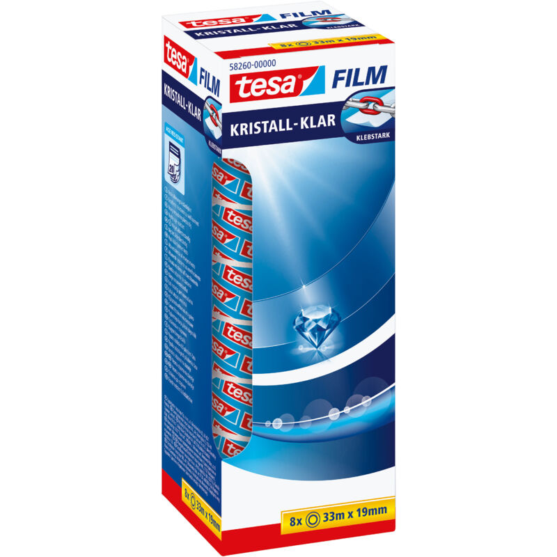 tesafilm crystal clear - ruban adhésif hautement transparent, résistant au vieillissement et à forte adhérence - 33 m x 19 mm - paquet de 8
